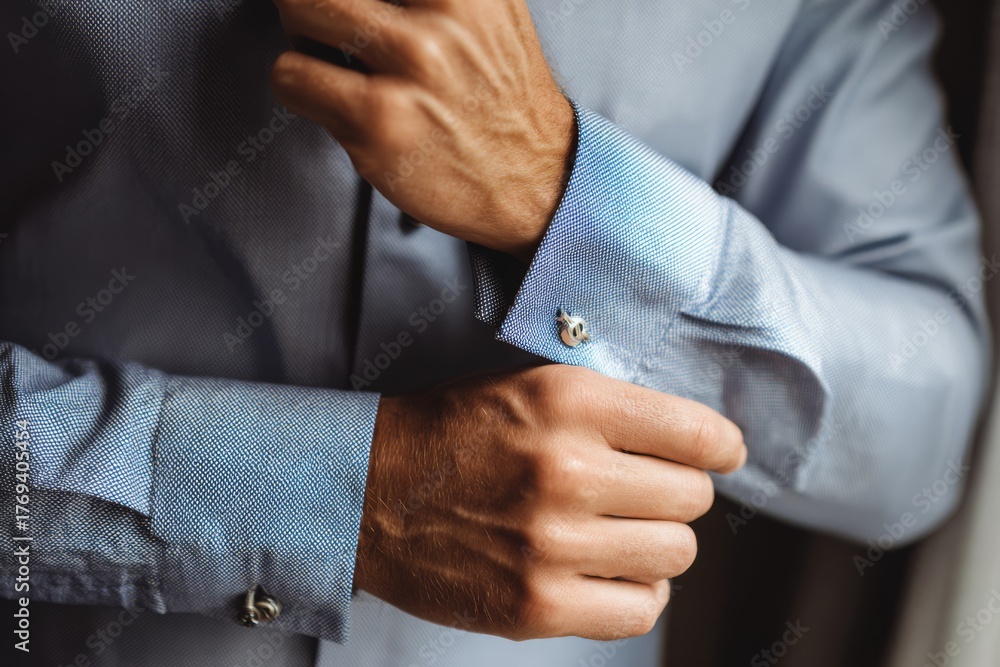 Obraz premium Man straightening his cufflinks before meeting, symbolizing preparation and confidence.