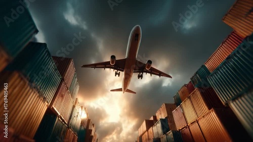 Global Transportation: An airplane soars above a sea of shipping containers, a visual metaphor for the world's interconnected logistics and supply chains.