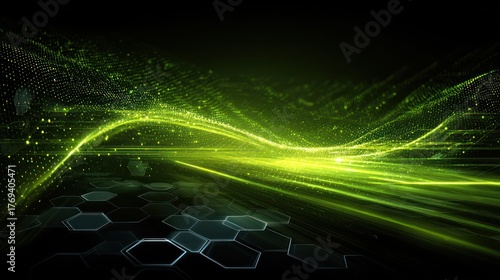Abstract digital green light trails and hexagonal grid landscape background image