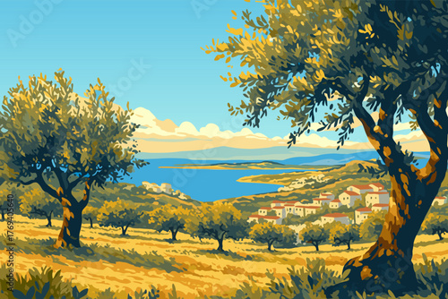 Cartoon view of olive trees and a Mediterranean beach and sea, vector illustration
