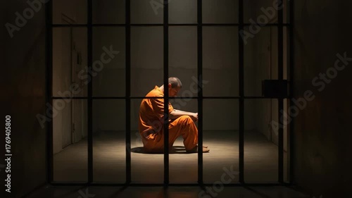 Prisoner in orange jumpsuit sitting on prison bed, arms on knees, concrete walls, prison bars and dim light, inmate alone in jail cell, rear view, solitary setting, crime arrest and incarceration
