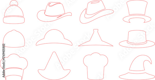 Outline Collection of Various Hats Beanie, Cowboy, Chef, Top, Witch, and More
