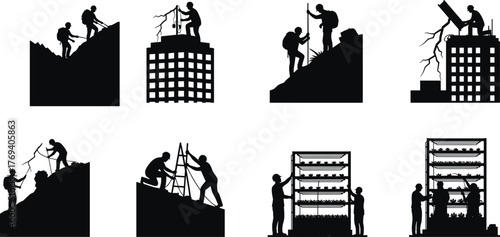 Silhouette vector illustration of people helping each other climb, support ladders, tend vertical gardens, teamwork, growth, sustainability, development, and environment