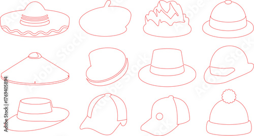 Outline Illustration of Various Hat Styles Sombrero, Beanie, Baseball Cap, and More