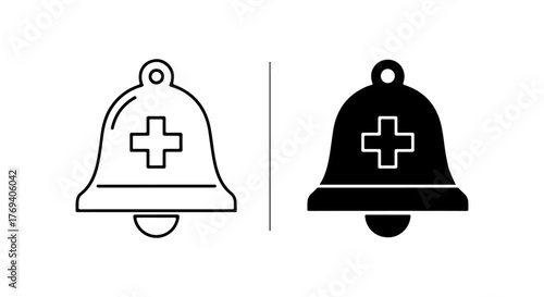Medical alert bell icon outline and solid black silhouette