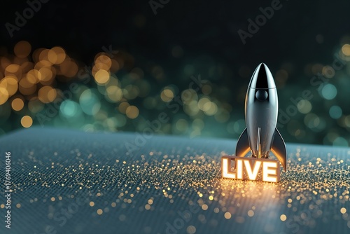 Crypto Trading Announcement – Silver Rocket & 'Live' Board with Golden Spark Particles (Hyper-Realistic 3D Render)