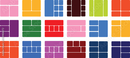 Colorful geometric bento grid layout templates A collection of trendy geometric layouts with rounded corners, perfect for creating visually appealing picture collages and graphic designs.