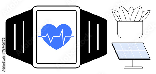 Smartwatch displaying heartbeat, solar panel, and plant pot highlighting health, energy, and eco-friendly themes. Ideal for technology, health monitoring, green energy, innovation sustainability
