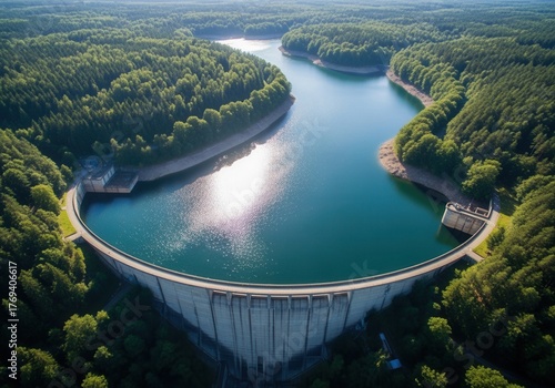 Aerial top view of a large concrete arch dam and blue water reservoir. Hydroelectric power station surrounded by a dense green forest. Renewable energy and water management concept