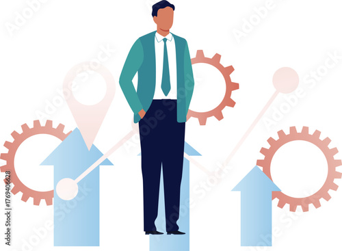 The man is standing on up arrow