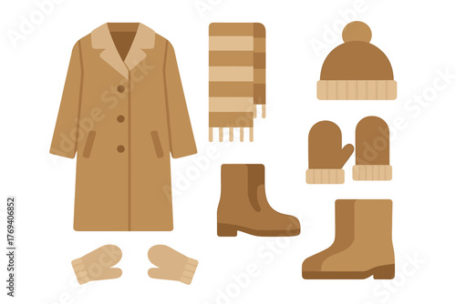 Essential winter wardrobe collection featuring warm outerwear, accessories, and footwear in neutral colors