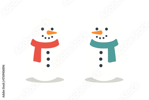 Minimalist pair of snowmen wearing red and teal scarves standing side by side