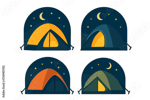 Four colorful dome tents pitched at night under a dark sky with stars and a bright crescent moon