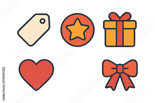 Colorful flat design icons set featuring shopping, favorites, gifting, and love symbols