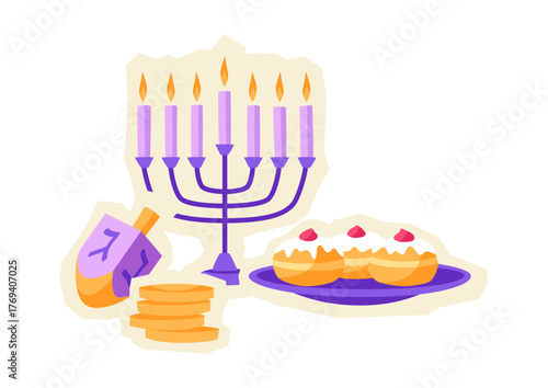 Happy Hanukkah sticker with traditional symbols. Holiday image in cartoon style.