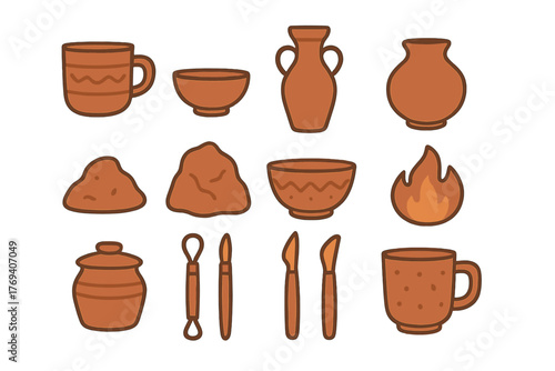 Set of pottery making icons showing ceramic ware, raw clay, carving tools, and kiln fire symbol