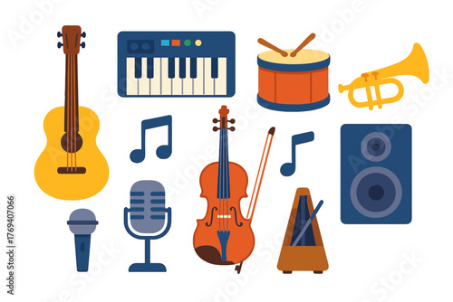 Diverse collection of musical instruments and audio equipment for production and performance