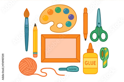 Flat lay collection of essential creative supplies including paint palette, brush, pencil, scissors, and yarn