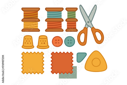 Colorful assortment of sewing equipment and tailoring accessories including thread, buttons, scissors, and fabric