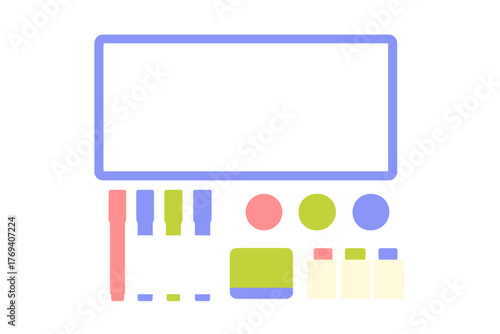 Minimalist flat design set of whiteboard supplies including markers, eraser, and cleaning fluid