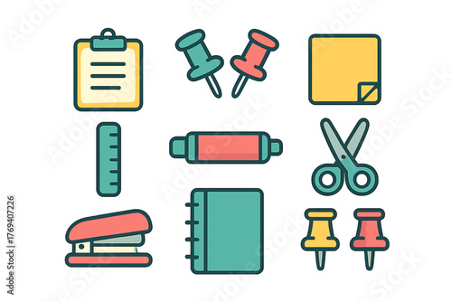 Essential stationery and office supplies including clipboard, ruler, scissors, and pushpins