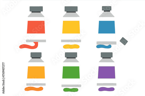 Six colorful tubes of paint squeezed out for artistic creation and creative hobbies