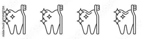 Teeth care linear icons set isolated on transparent background. Dental hygiene symbols for toothbrush, clean teeth and oral health design. Clean tooth line icons set. Editable stroke.