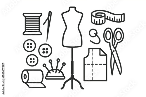 Outline symbols of essential sewing and tailoring tools like mannequin, scissors, and measuring tape
