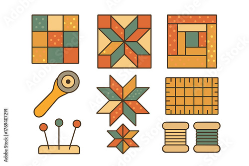 Colorful quilt blocks and essential sewing supplies including thread spools and rotary cutter