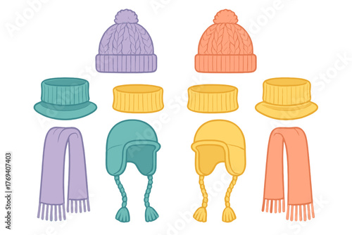 Collection of colorful knitted winter hats and scarves set on a white background