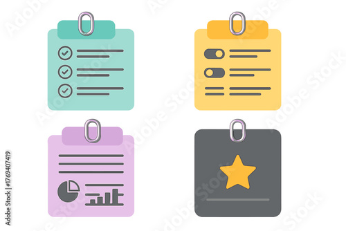 Colorful 3D icons for business tasks, data analysis, settings, and favorite notes
