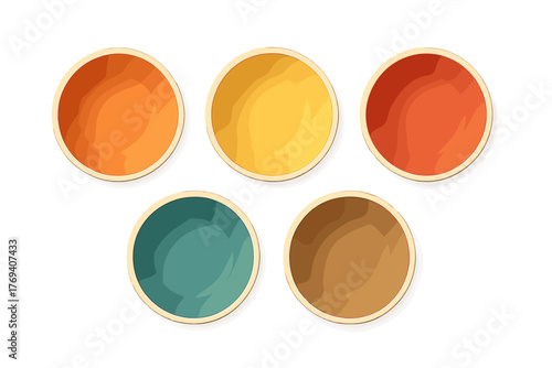 Five colorful empty ceramic bowls arranged in two rows on a clean white background