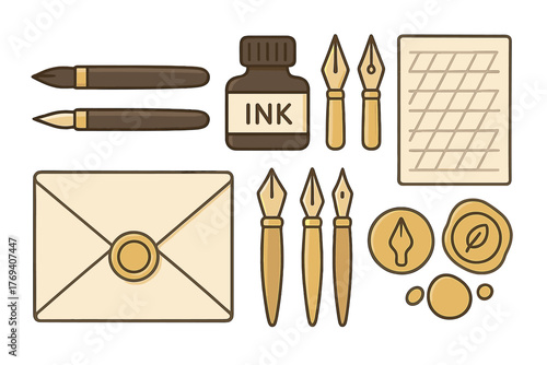 Classic calligraphy supplies set featuring ink bottle, metal nibs, dip pens, and sealed envelope