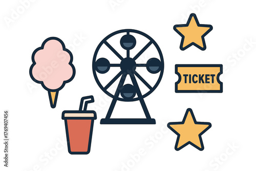 Amusement park icons including Ferris wheel, cotton candy, soda drink, and entrance ticket