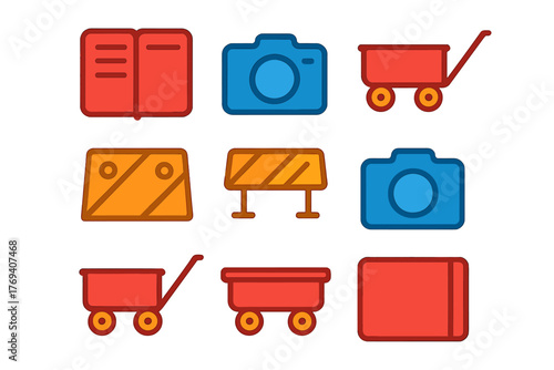 Colorful flat symbols including camera, book, construction barrier, and utility carts