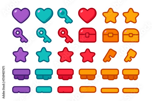 Colorful video game icons including hearts keys stars treasure chests and interface buttons