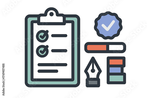 Checklist clipboard, progress bar, approval badge, and fountain pen nib symbols