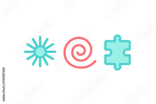Minimalist abstract shapes set featuring sunburst, spiral, and puzzle piece symbols