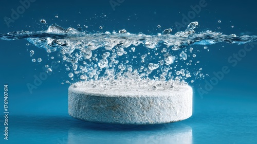 Effervescent tablet dissolving in clear blue water with bubbles