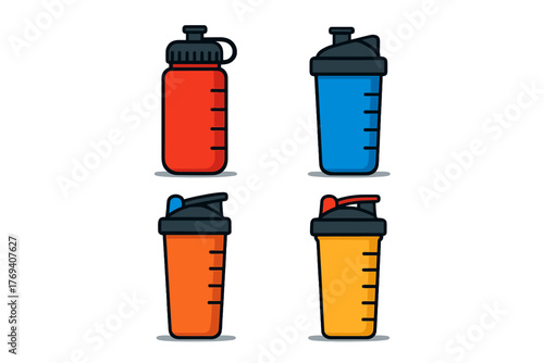 Colorful collection of fitness hydration containers, sports water bottles, and protein shaker cups