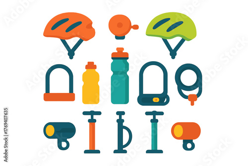 Set of essential cycling accessories including helmets locks pumps and water bottles