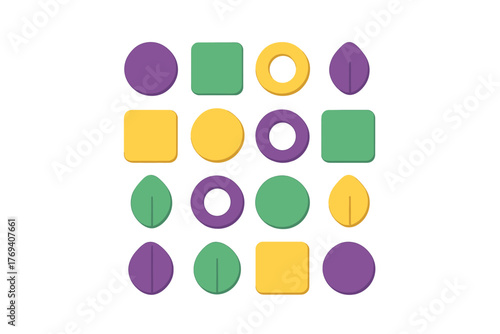 Colorful abstract geometric and organic shapes arranged in a grid pattern on a white background