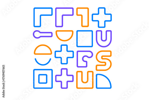 Seamless pattern of diverse abstract geometric elements outlined in vibrant blue orange and purple