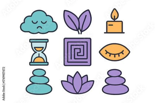 Nine wellness and relaxation symbols including lotus flower, spa stones, candle, and hourglass