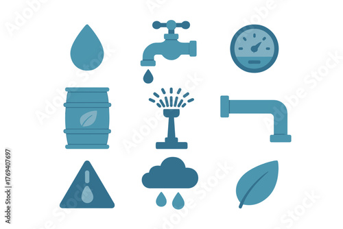 Water conservation, plumbing, irrigation, and environmental sustainability icons set
