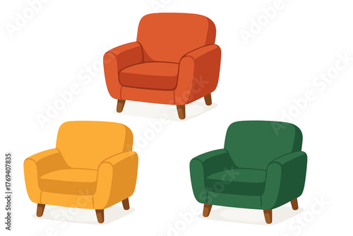 Three colorful modern armchairs in orange, yellow, and green isolated on white