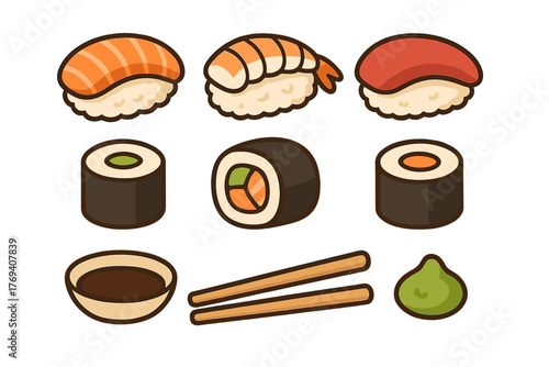 Japanese sushi food including salmon nigiri maki rolls wasabi and chopsticks