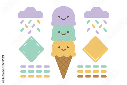Cute three scoop ice cream cone with smiling faces and decorative sprinkles