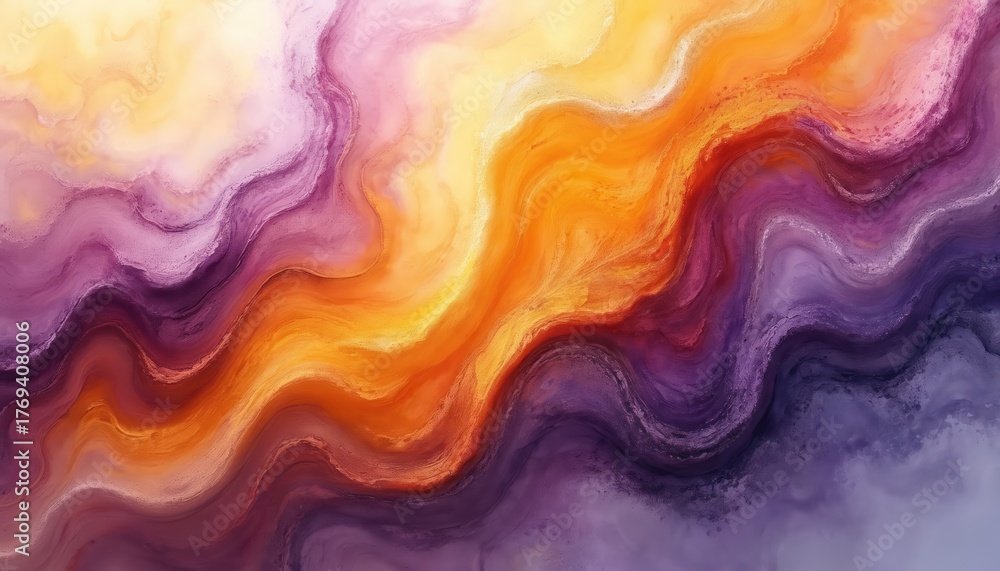 Fototapeta premium Abstract wavy pattern with purple and yellow watercolor blend. Fluid ink forms smooth curves and rich textures. Modern artistic background design for creative projects and digital art.