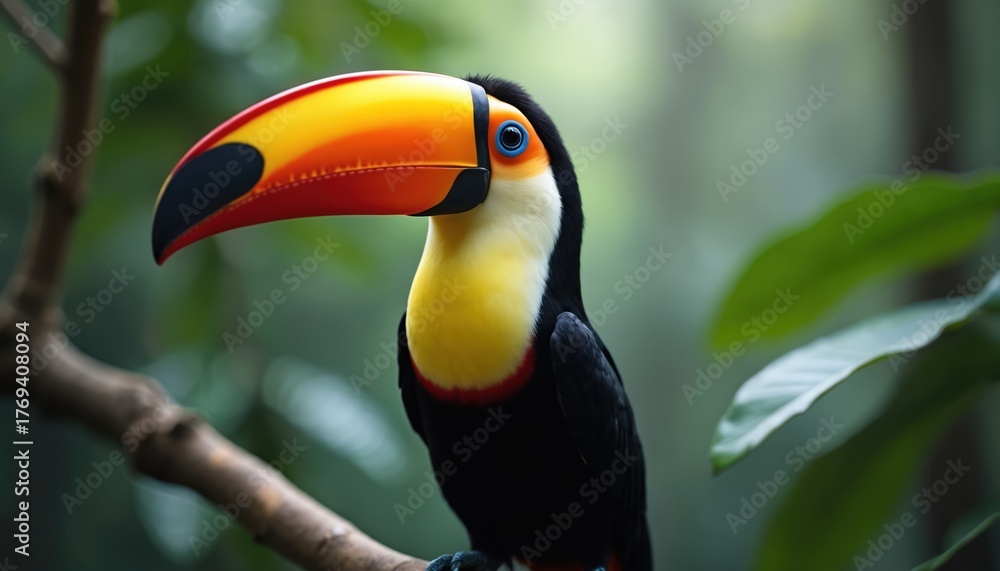 Fototapeta premium Toucan bird perches on tree branch in rich green jungle. Colorful beak with orange yellow and red details. Black white body feathers stand out against tropical rainforest foliage. Closeup view.
